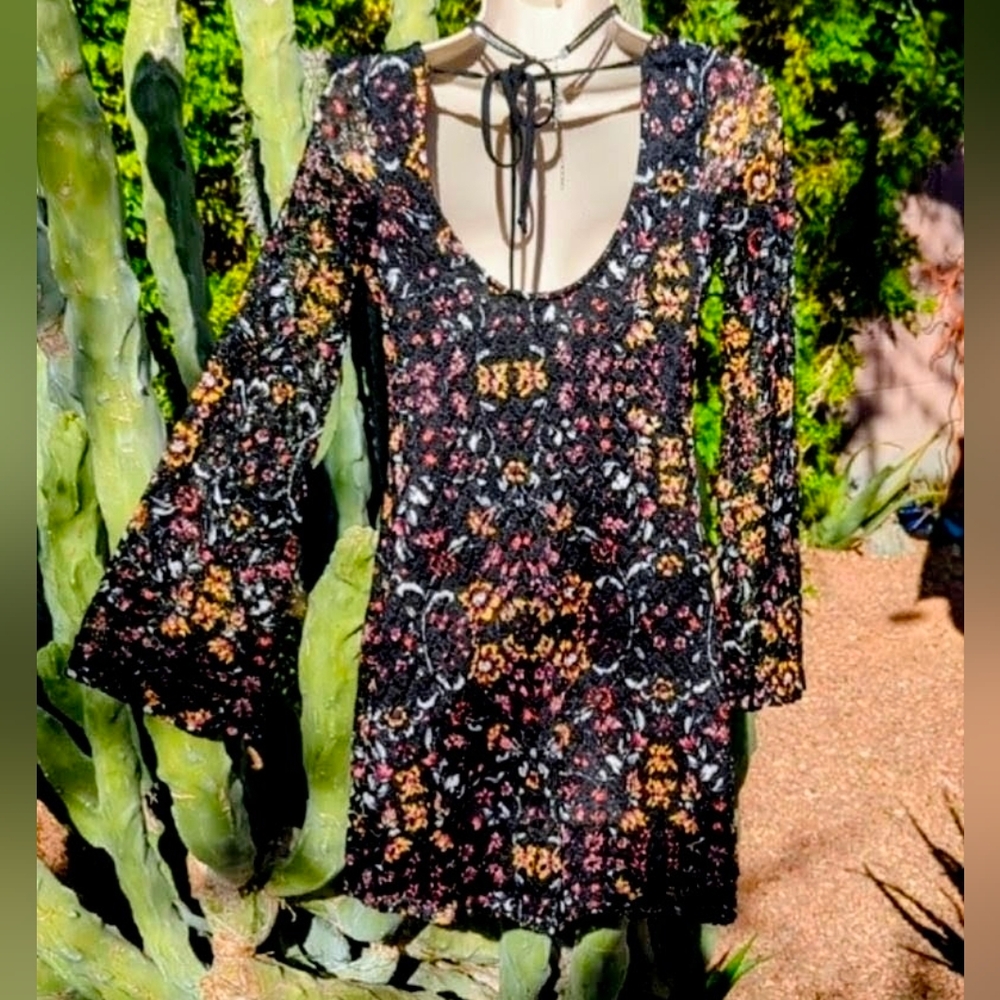 Xhilaration Dark Cottagecore Floral Black Lace Overlay Bell Sleeve Dress XS